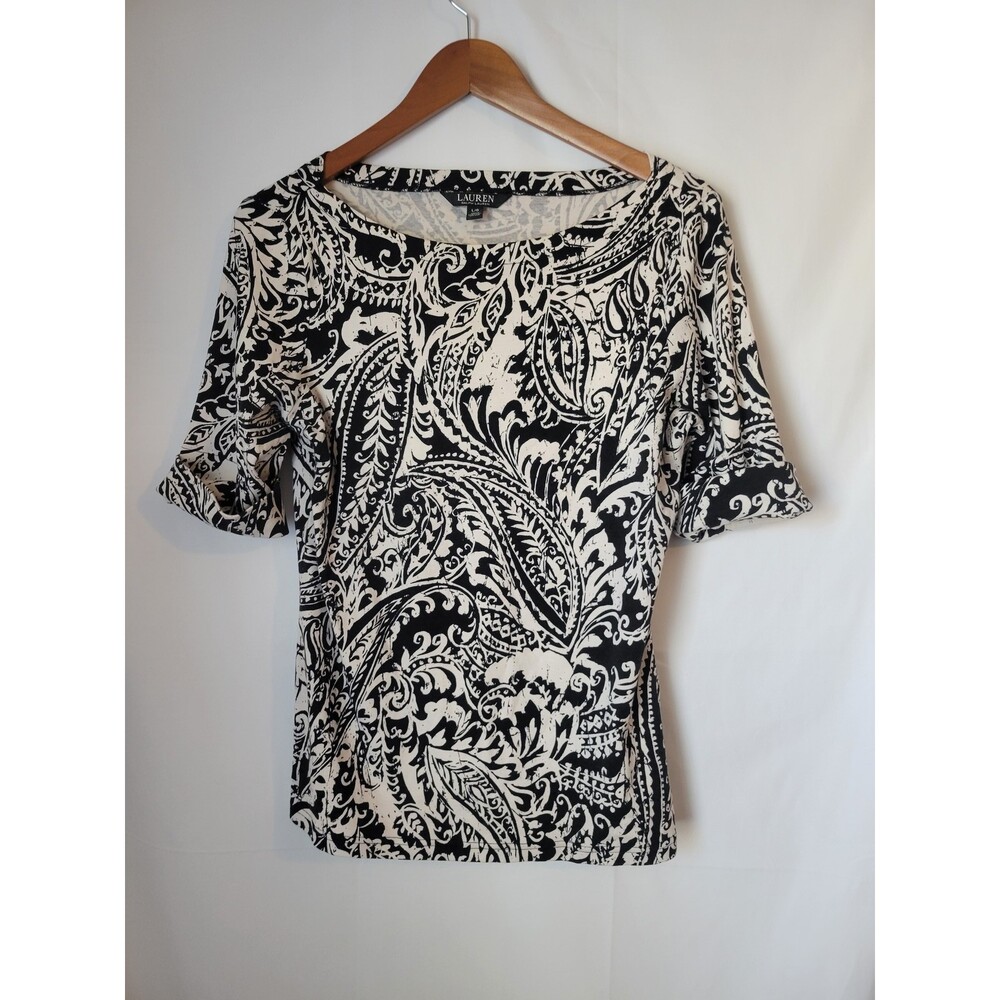 Lauren Ralph Lauren Women's Black White Paisley Knit Top Blouse Size Large L - Picture 1 of 3